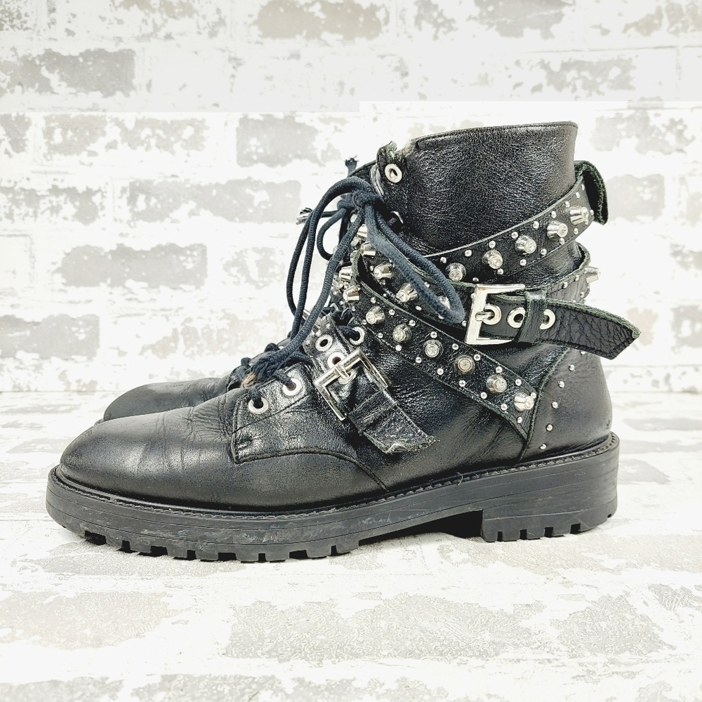 Zara Black & Silver Leather Lace Up Studded Punk Ankle Boots F453